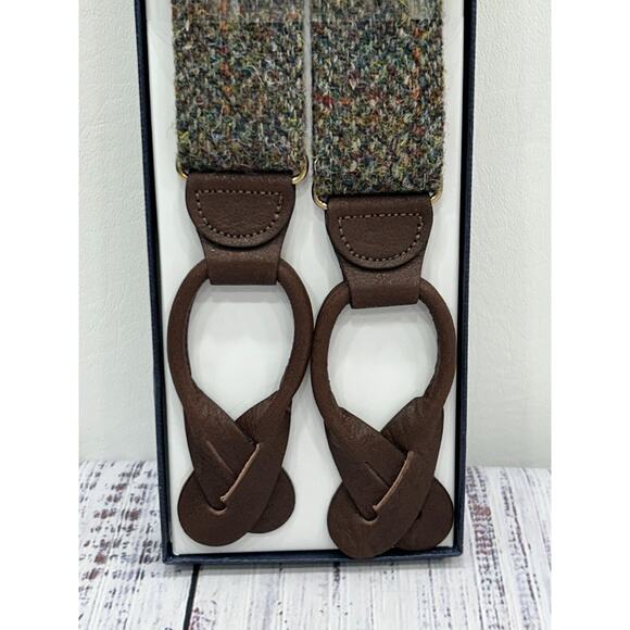 NEW Brooks Brothers Suspenders Braces Tweed And Brown Leather Adjustable OS - Picture 3 of 6